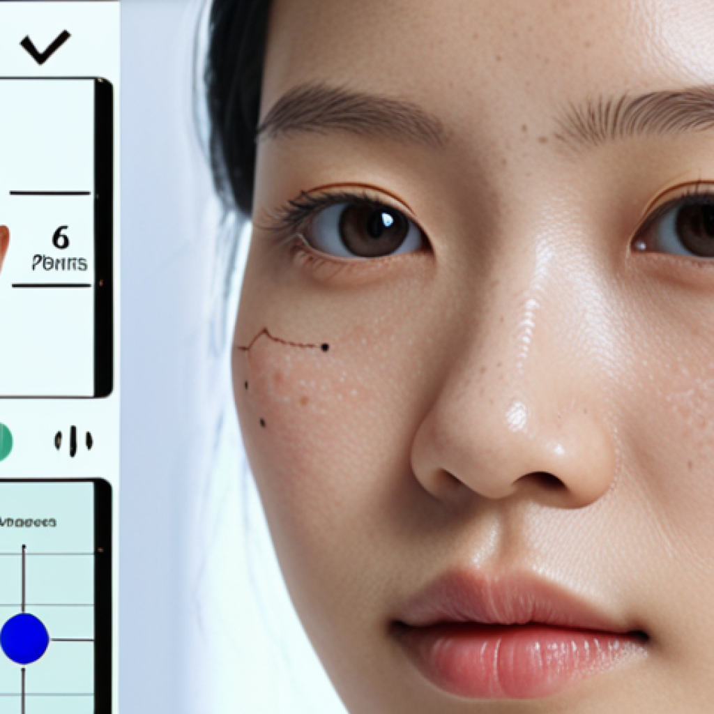 **

Prompt: A woman receiving an AI skin analysis. Close-up on her face with a digital overlay showing data points and analysis results. Modern, clean aesthetic. Soft, natural lighting. Focus on conveying scientific accuracy and personalized results. Japanese female model.

**