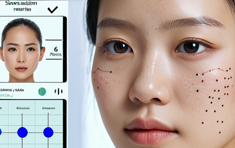 **

Prompt: A woman receiving an AI skin analysis. Close-up on her face with a digital overlay showing data points and analysis results. Modern, clean aesthetic. Soft, natural lighting. Focus on conveying scientific accuracy and personalized results. Japanese female model.

**
