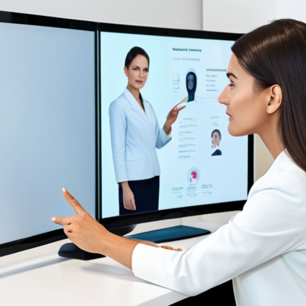 A professional female beauty consultant, fully clothed in a modest business dress, attentively guiding a female client through an AI-powered skin analysis on a large, sleek digital screen in a minimalist, brightly lit modern beauty consultation room. The consultant gestures towards the screen with well-formed hands while maintaining natural eye contact with the client, who is also fully clothed in appropriate attire and seated comfortably. The scene emphasizes personalized advice blending technology and human touch. Perfect anatomy, correct proportions, natural pose, proper finger count, natural body proportions, professional photography, high quality, safe for work, appropriate content, family-friendly.