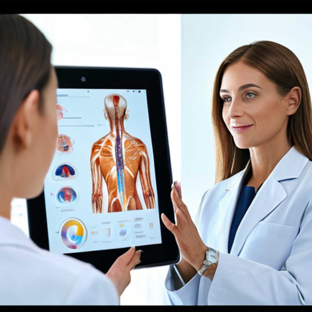 A professional female beauty consultant, fully clothed in a modest business suit, offering personalized advice to a female client in appropriate casual attire. The scene features advanced AI skin analysis technology on a sleek tablet, with a subtle holographic display showing intricate skin data. The setting is a clean, modern wellness clinic with abundant natural light, emphasizing a holistic approach to beauty and health. The image highlights the seamless integration of cutting-edge technology with human expertise for total well-being. safe for work, appropriate content, fully clothed, professional dress, family-friendly, perfect anatomy, correct proportions, natural pose, well-formed hands, proper finger count, natural body proportions, studio lighting, high resolution, professional photography.