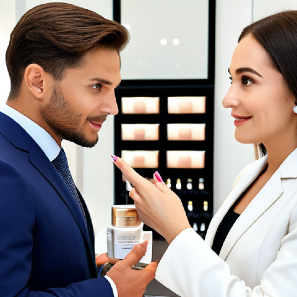 뷰티컨설턴트 업계 소식 공유 - **
"A beauty consultant, fully clothed in professional attire, advising a customer in a bright, mod...