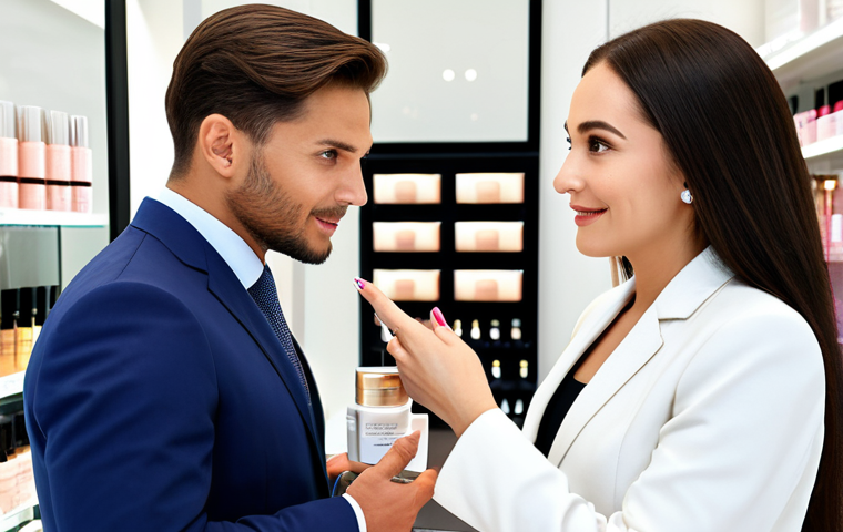 뷰티컨설턴트 업계 소식 공유 - **

"A beauty consultant, fully clothed in professional attire, advising a customer in a bright, mod...