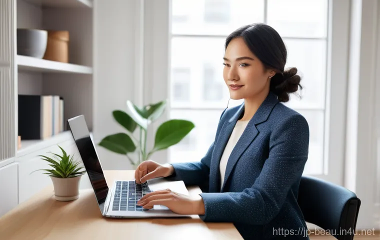 뷰티컨설턴트 새로운 직업군 소개 - A young woman, early 20s, with a radiant and confident smile, is looking at her reflection in a well...