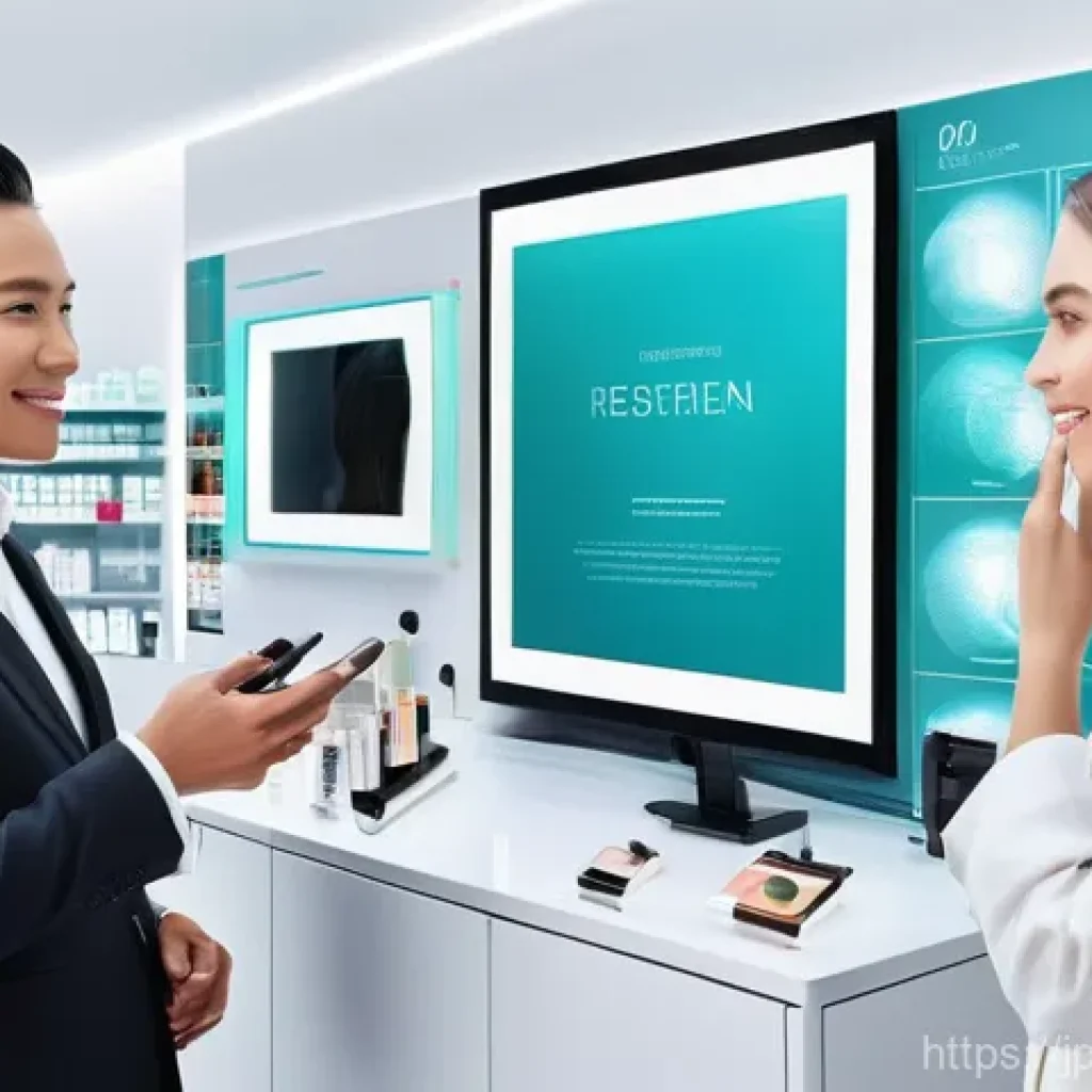 뷰티컨설턴트 이직 시 고려사항 - **Prompt:** A vibrant, futuristic beauty counter scene. A diverse group of customers, including wome...