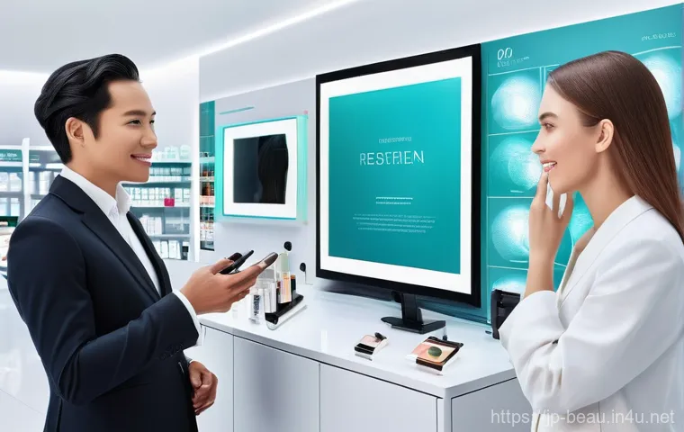 뷰티컨설턴트 이직 시 고려사항 - **Prompt:** A vibrant, futuristic beauty counter scene. A diverse group of customers, including wome...