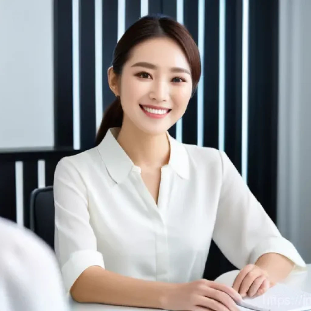 뷰티컨설턴트 국내외 시장 비교 - A professional and warm Japanese beauty consultant, a woman in her 30s with elegant, natural makeup,...