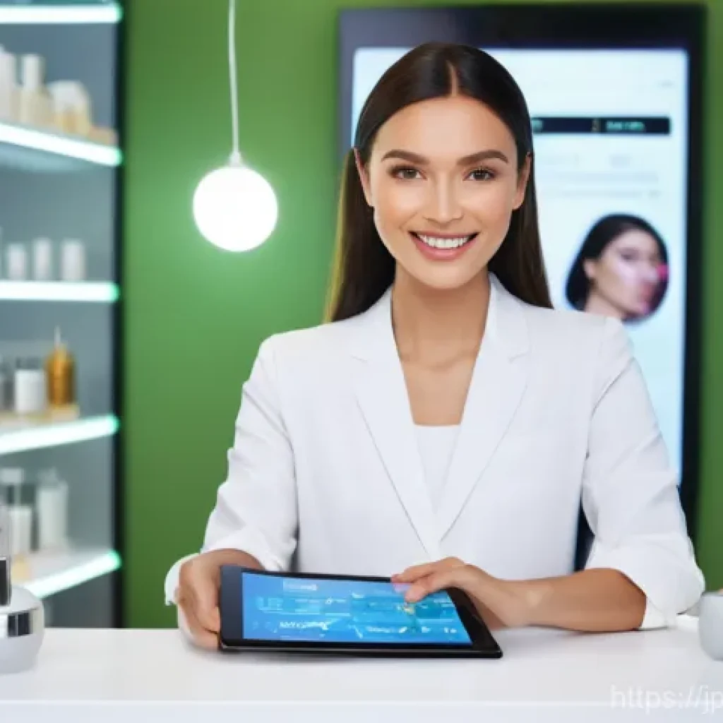 뷰티컨설턴트 필수 도구 리뷰 - A cheerful female beauty consultant in her early 30s, with a friendly smile, is dressed in a smart, ...