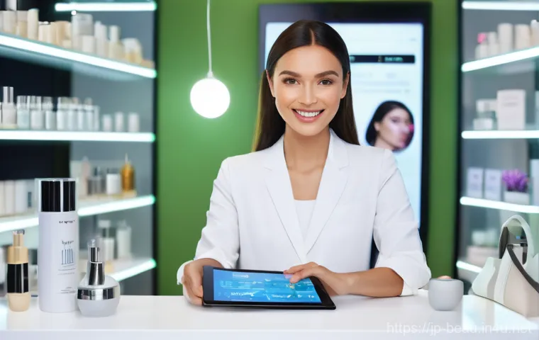 뷰티컨설턴트 필수 도구 리뷰 - A cheerful female beauty consultant in her early 30s, with a friendly smile, is dressed in a smart, ...