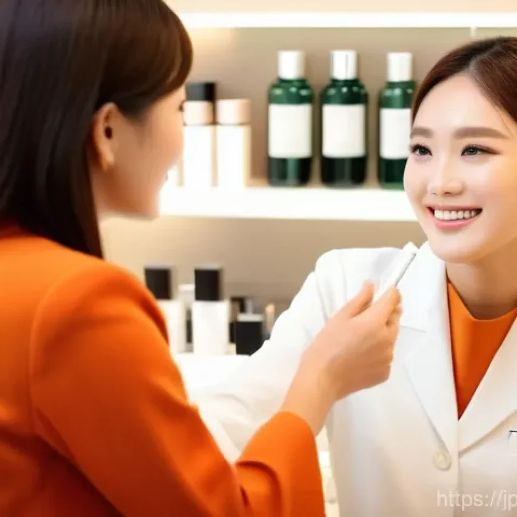 뷰티컨설턴트 연봉 평균 분석 - **Prompt:** A vibrant, well-lit scene inside a high-end department store beauty counter. A Japanese ...