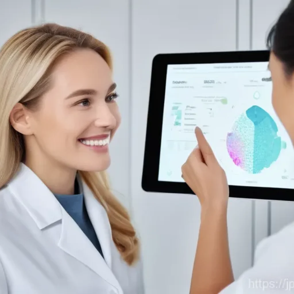 뷰티컨설턴트 최신 기술 활용법 - **AI Skin Diagnosis Session**
A bright, high-resolution, photorealistic image of a female beauty...