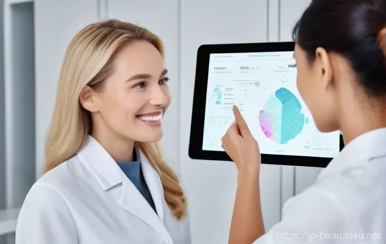 뷰티컨설턴트 최신 기술 활용법 - **AI Skin Diagnosis Session**
    A bright, high-resolution, photorealistic image of a female beauty...