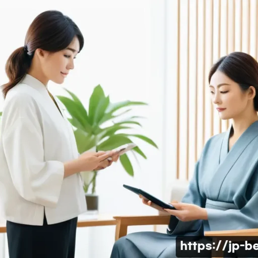뷰티컨설턴트 고객 데이터 관리 - A modern Japanese beauty salon consultation scene featuring a professional female consultant attenti...