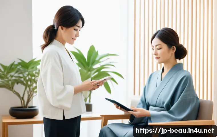뷰티컨설턴트 고객 데이터 관리 - A modern Japanese beauty salon consultation scene featuring a professional female consultant attenti...