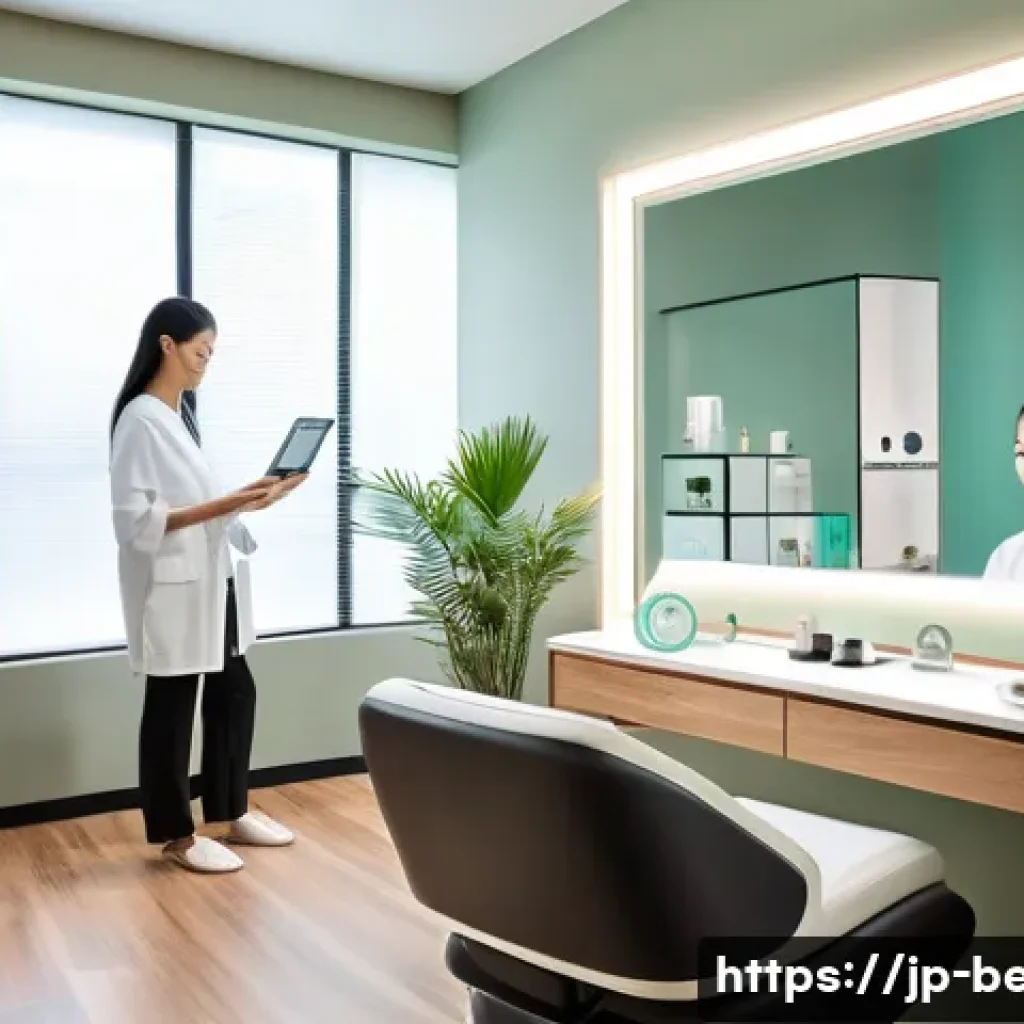 뷰티컨설턴트 최신 뷰티 기술 학습 - A modern beauty salon interior featuring advanced skin analysis technology in use: a sleek high-tech...