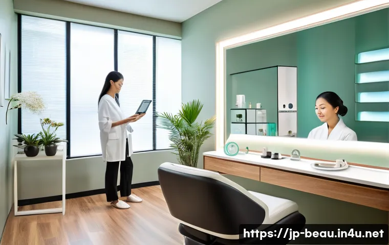 뷰티컨설턴트 최신 뷰티 기술 학습 - A modern beauty salon interior featuring advanced skin analysis technology in use: a sleek high-tech...
