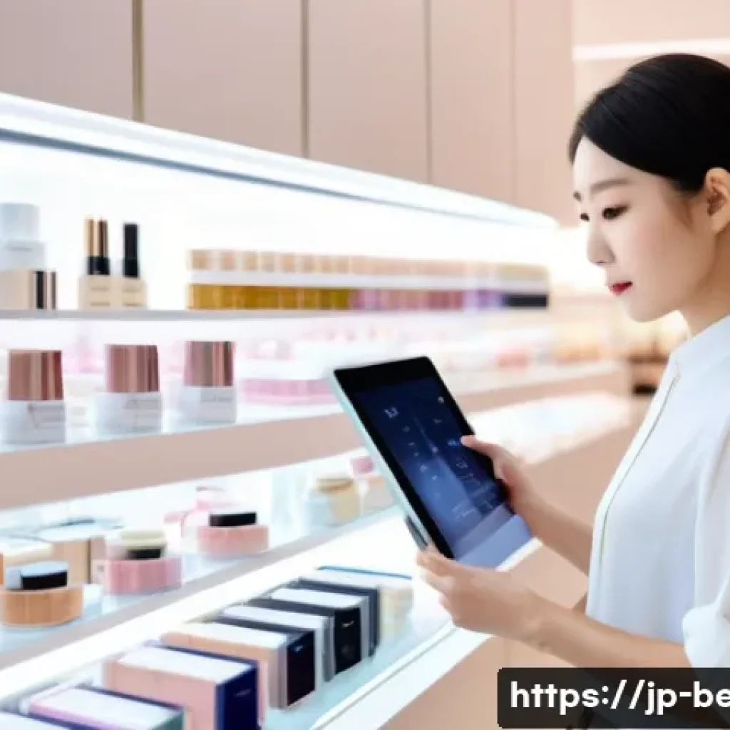뷰티컨설턴트 경력 빌딩 사례 - A modern Japanese beauty consultant in a stylish, softly lit cosmetic store, attentively listening t...