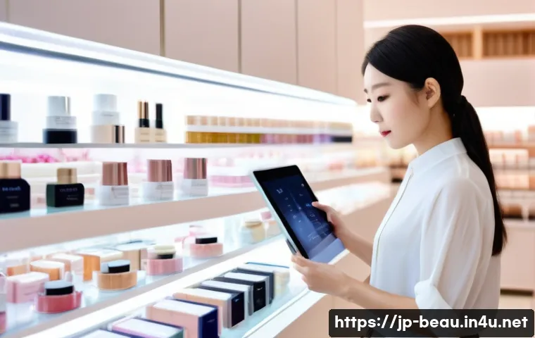 뷰티컨설턴트 경력 빌딩 사례 - A modern Japanese beauty consultant in a stylish, softly lit cosmetic store, attentively listening t...