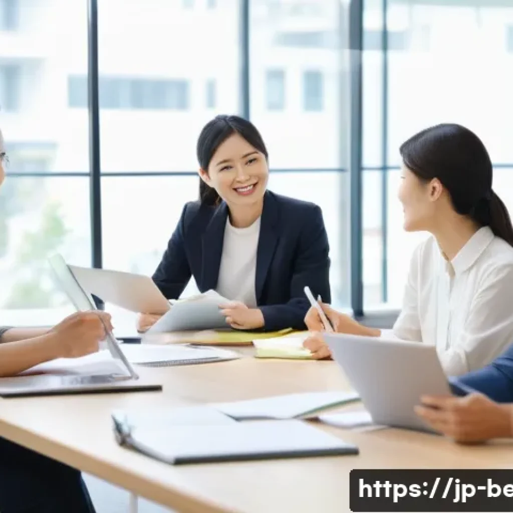 뷰티컨설턴트 팀 내 갈등 관리 - A modern Japanese office scene showing a diverse team gathered in a casual meeting room with bright ...