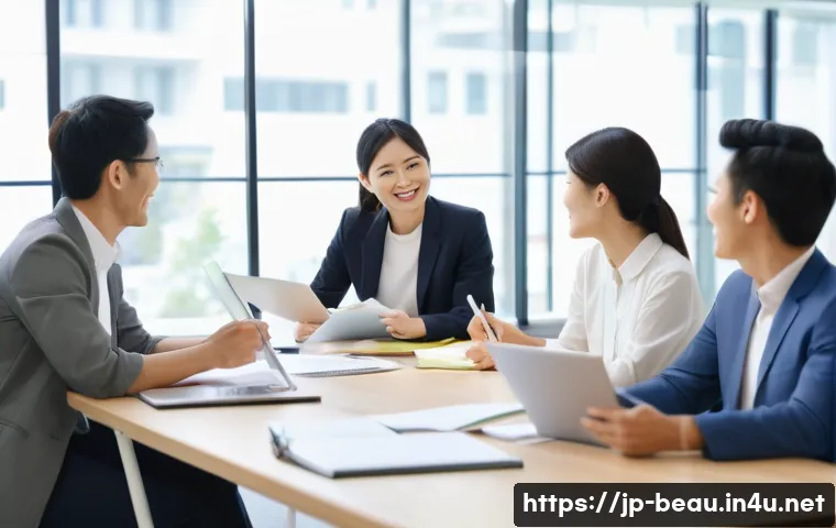 뷰티컨설턴트 팀 내 갈등 관리 - A modern Japanese office scene showing a diverse team gathered in a casual meeting room with bright ...