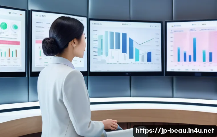 뷰티컨설턴트 관련 데이터 분석 - A modern Japanese beauty consultant in a sleek, stylish salon setting, analyzing customer data on mu...