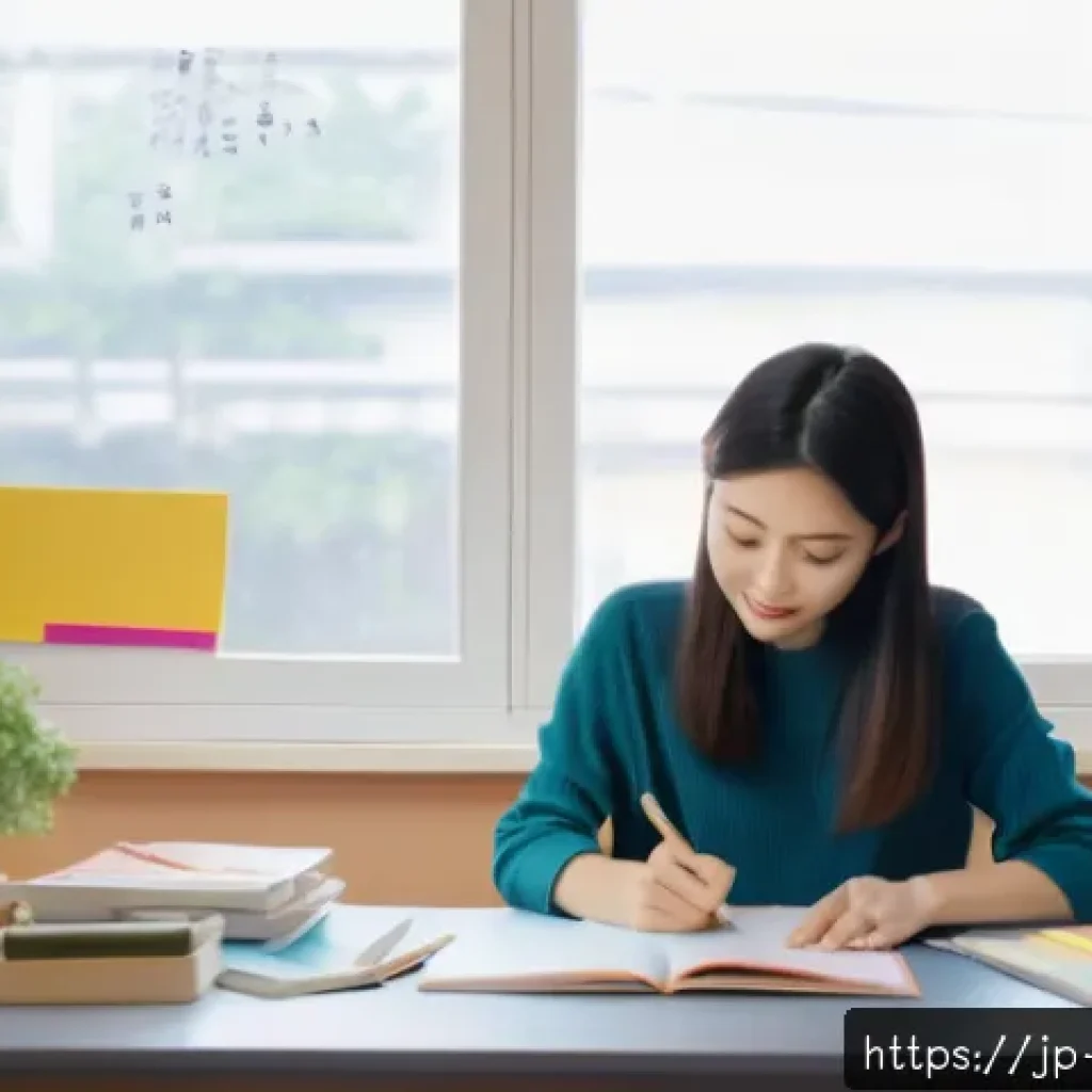 뷰티컨설턴트 자격증 시험 준비 과정 - A modern Japanese woman studying for a beauty consultant certification at a cozy desk with textbooks...