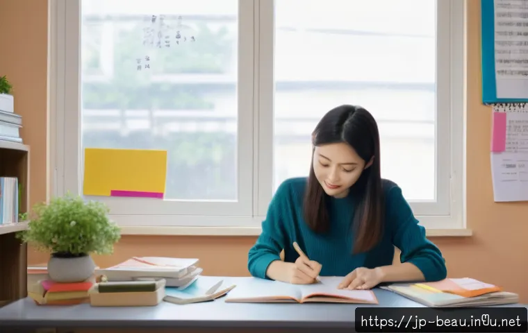 뷰티컨설턴트 자격증 시험 준비 과정 - A modern Japanese woman studying for a beauty consultant certification at a cozy desk with textbooks...