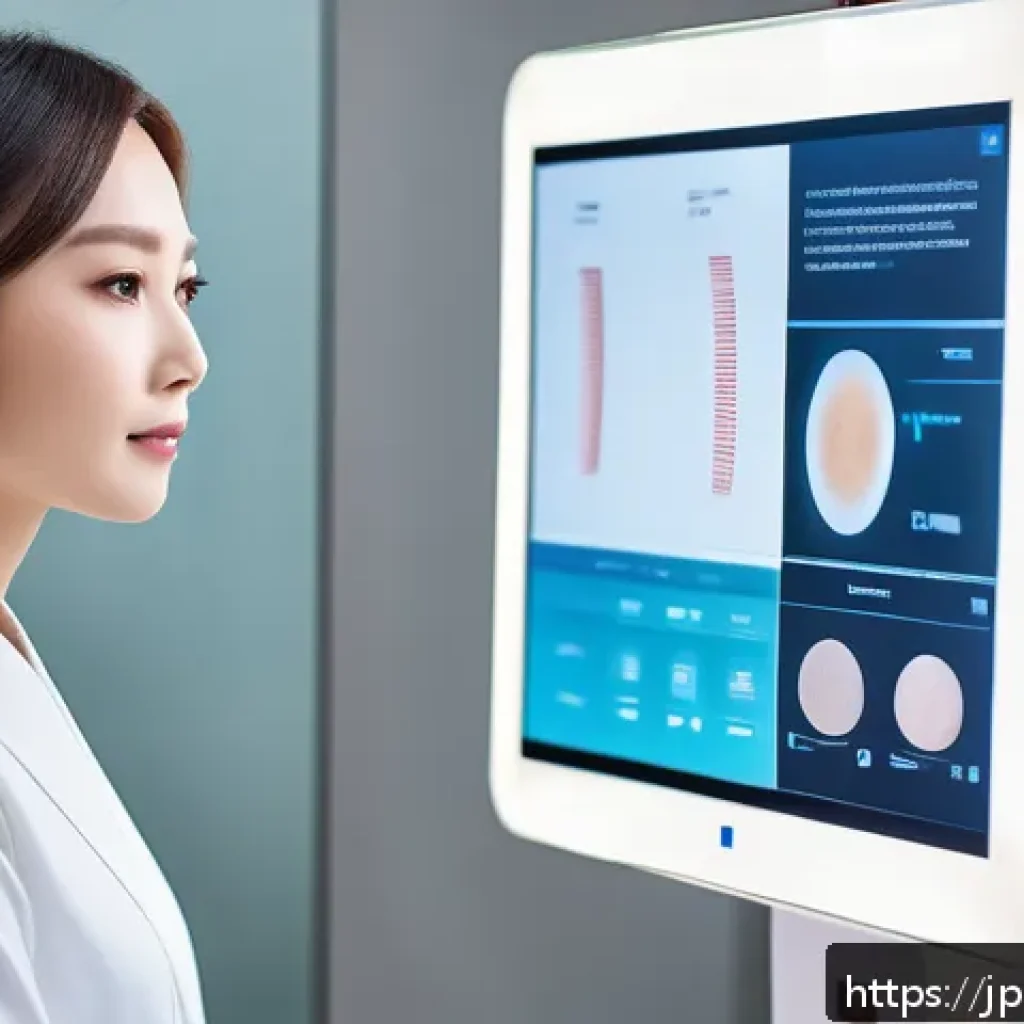 뷰티컨설턴트 역할과 책임 - A modern Japanese beauty consultant analyzing a young woman’s skin using advanced digital skin analy...