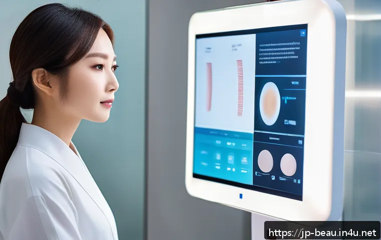 뷰티컨설턴트 역할과 책임 - A modern Japanese beauty consultant analyzing a young woman&rsquo;s skin using advanced digital skin analy...