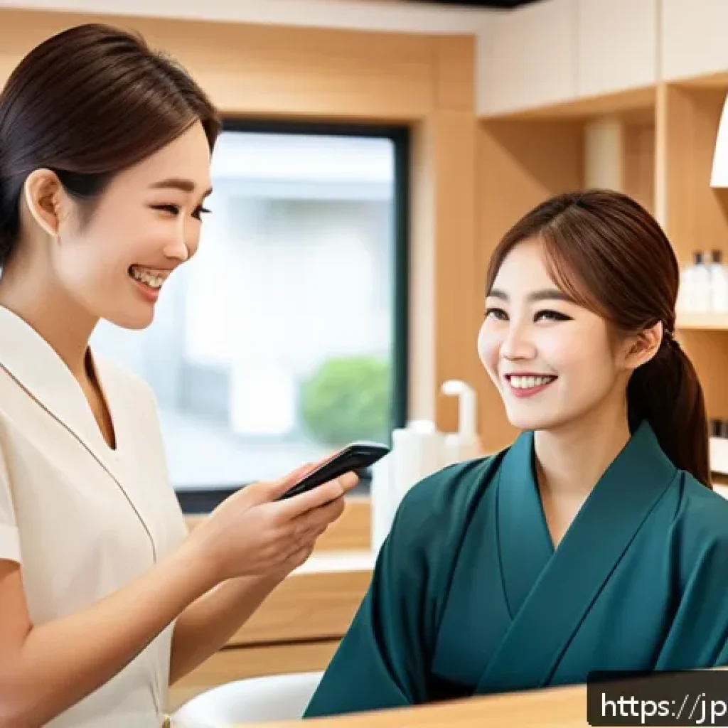 뷰티컨설턴트 고객 리뷰 작성 유도 - A modern beauty salon scene featuring a friendly Japanese stylist engaging in natural conversation w...