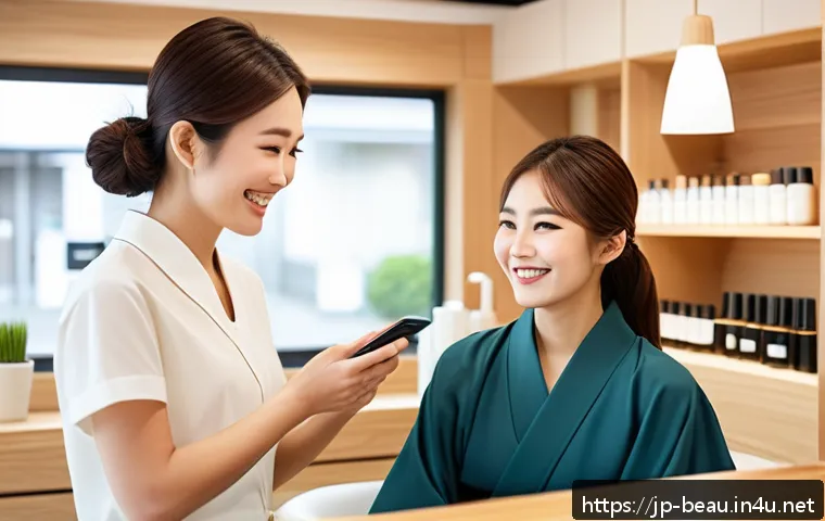 뷰티컨설턴트 고객 리뷰 작성 유도 - A modern beauty salon scene featuring a friendly Japanese stylist engaging in natural conversation w...