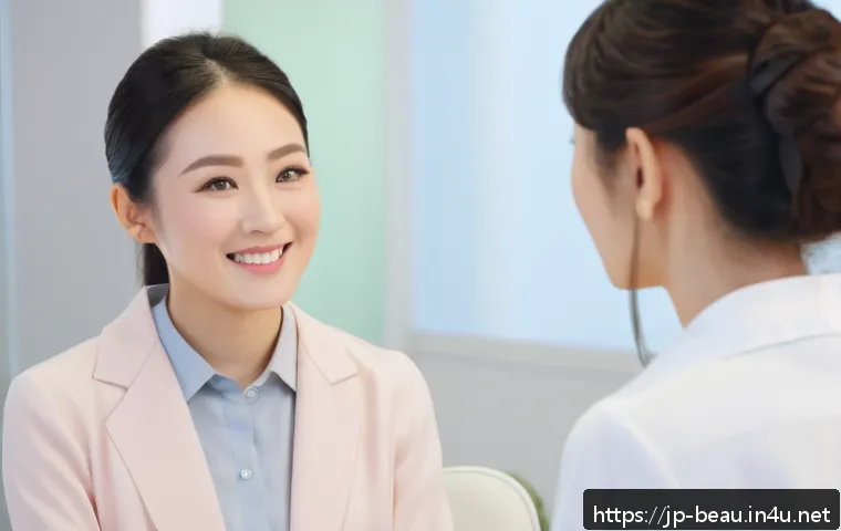 뷰티컨설턴트 실무 스킬 증진 사례 - A professional Japanese beauty consultant attentively listening to a female client in a modern salon...