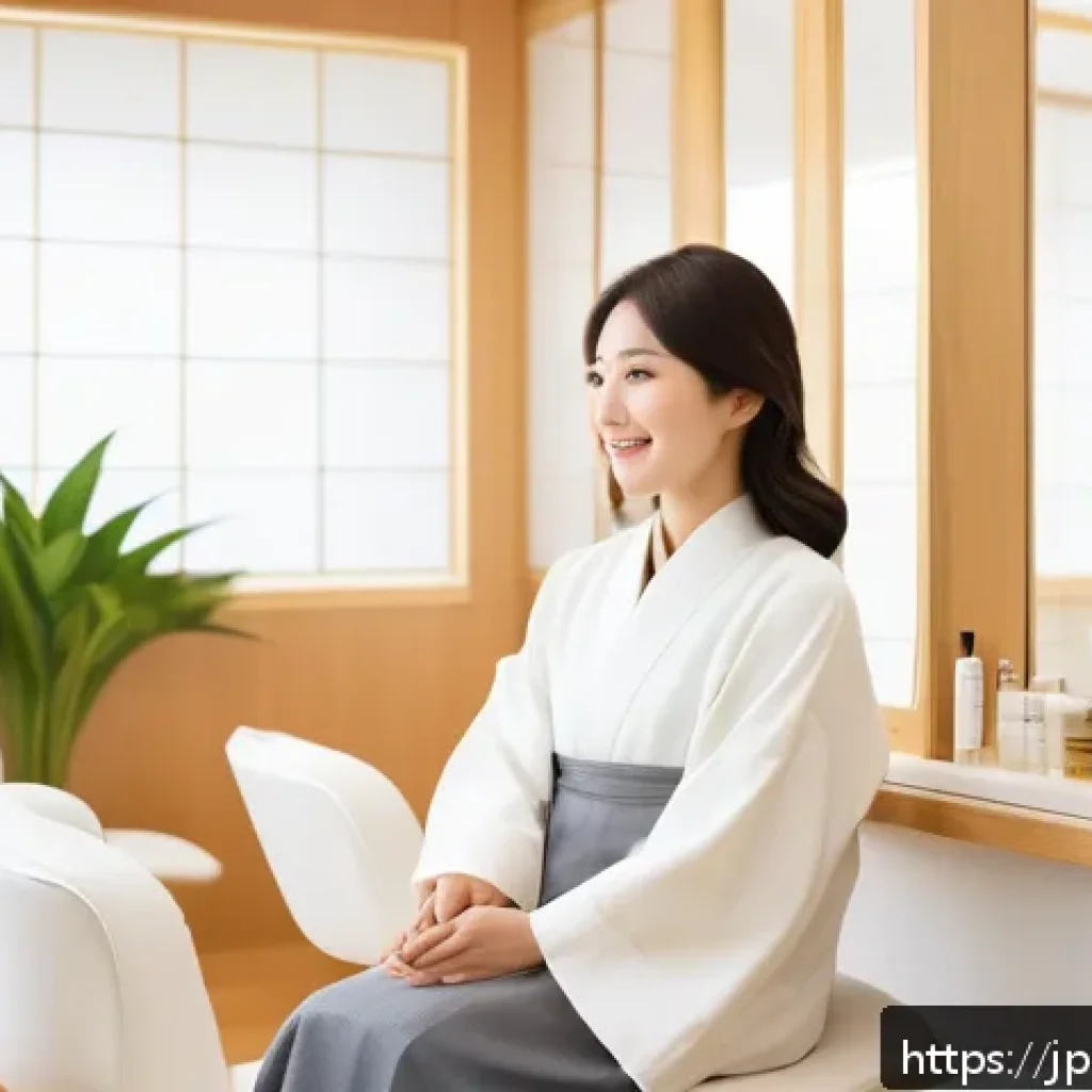 뷰티컨설턴트 고객 유형별 응대법 - A serene Japanese beauty salon scene featuring a calm, quiet female customer in her 30s with natural...