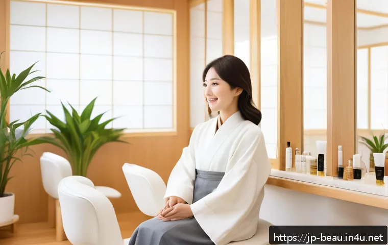 뷰티컨설턴트 고객 유형별 응대법 - A serene Japanese beauty salon scene featuring a calm, quiet female customer in her 30s with natural...