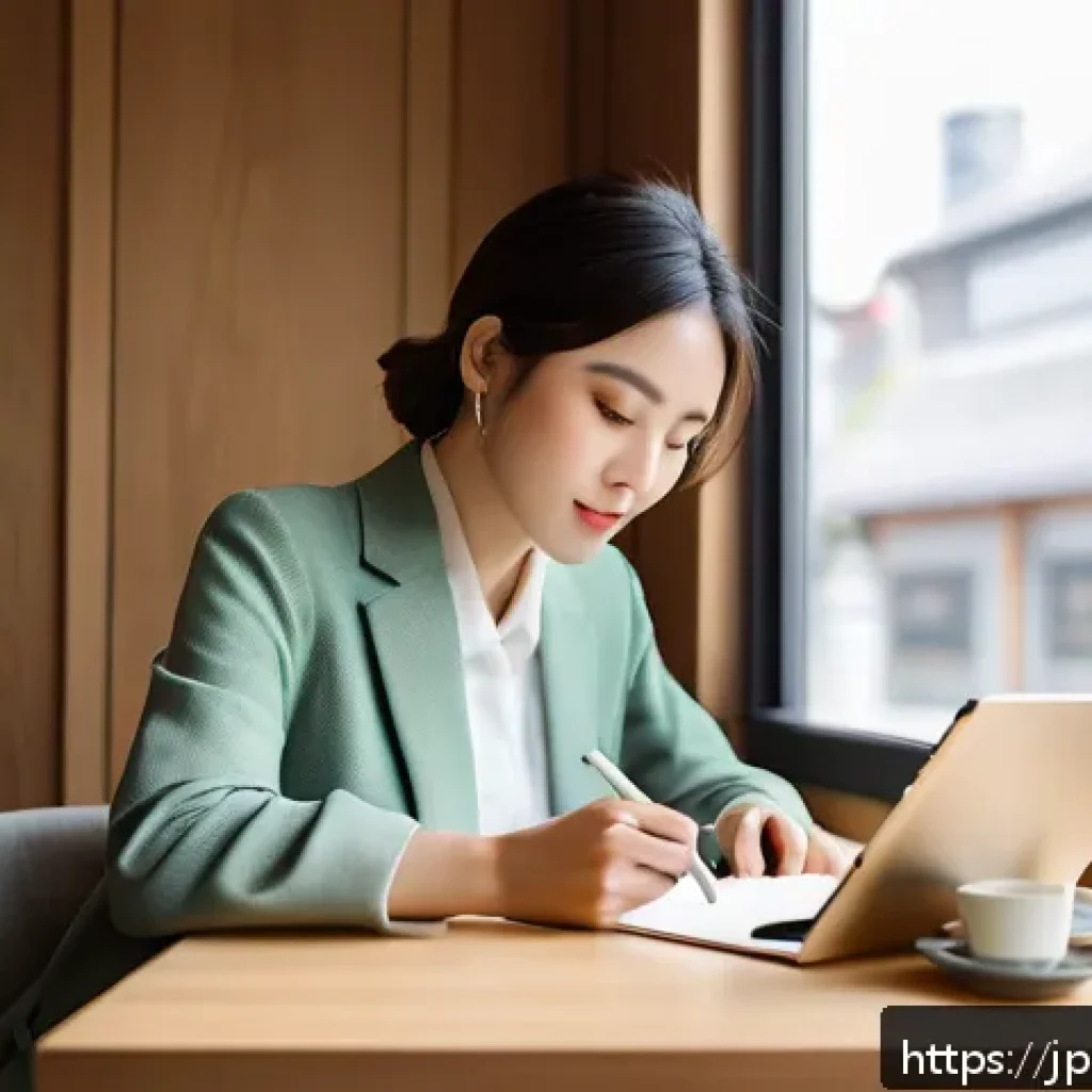 뷰티컨설턴트 학습 스케줄 작성 - A modern Japanese beauty consultant sitting in a cozy café corner, studying on a sleek tablet with e...