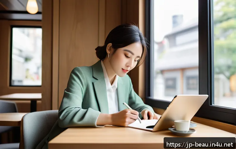 뷰티컨설턴트 학습 스케줄 작성 - A modern Japanese beauty consultant sitting in a cozy caf&eacute; corner, studying on a sleek tablet with e...