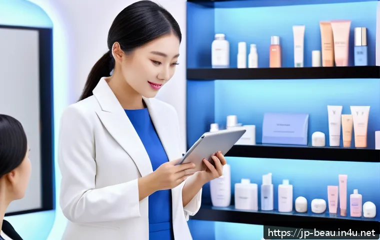 뷰티컨설턴트 직업 특성 연구 - A modern beauty consultant consulting with a diverse female client in a stylish salon setting, using...