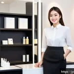 뷰티컨설턴트 관련 직무 스킬 학습법 - A modern Japanese beauty consultant in a stylish salon setting, attentively listening to a female cl...