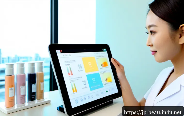 뷰티컨설턴트 직무 관련 소프트웨어 - Photorealistic Japanese beauty consultant using a sleek tablet with an unlabeled skincare analysis i...