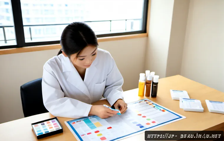 뷰티컨설턴트 주요 필기 시험 가이드 사례 - Photorealistic beauty consultant certification exam study scene in a modern Japanese apartment, focu...