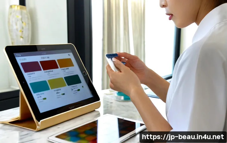 뷰티컨설턴트 최신 트렌드 분석 - Photorealistic Japanese beauty consultant in a refined Tokyo skincare studio, thoughtfully comparing...