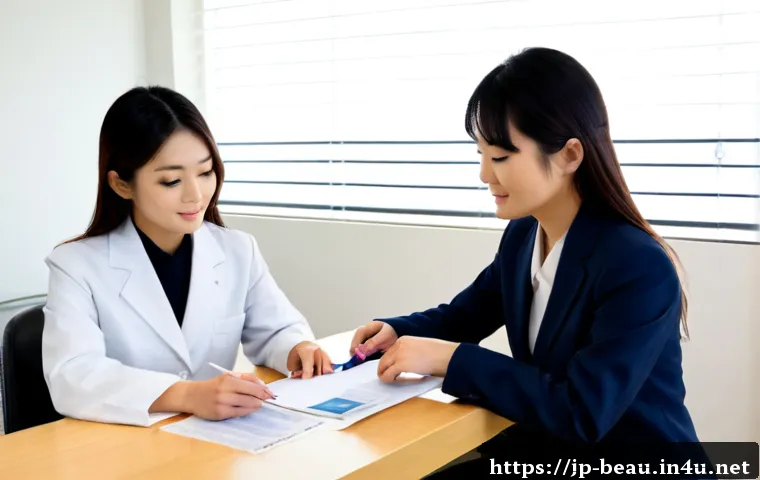 뷰티컨설턴트 관련 법규와 정책 - Photorealistic Japanese beauty consultant in a polished modern consultation room, seated across from...